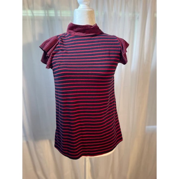 Loft Size X-Small Mock Turtleneck Top w/ Cap Sleeves Red Blue - Picture 1 of 4